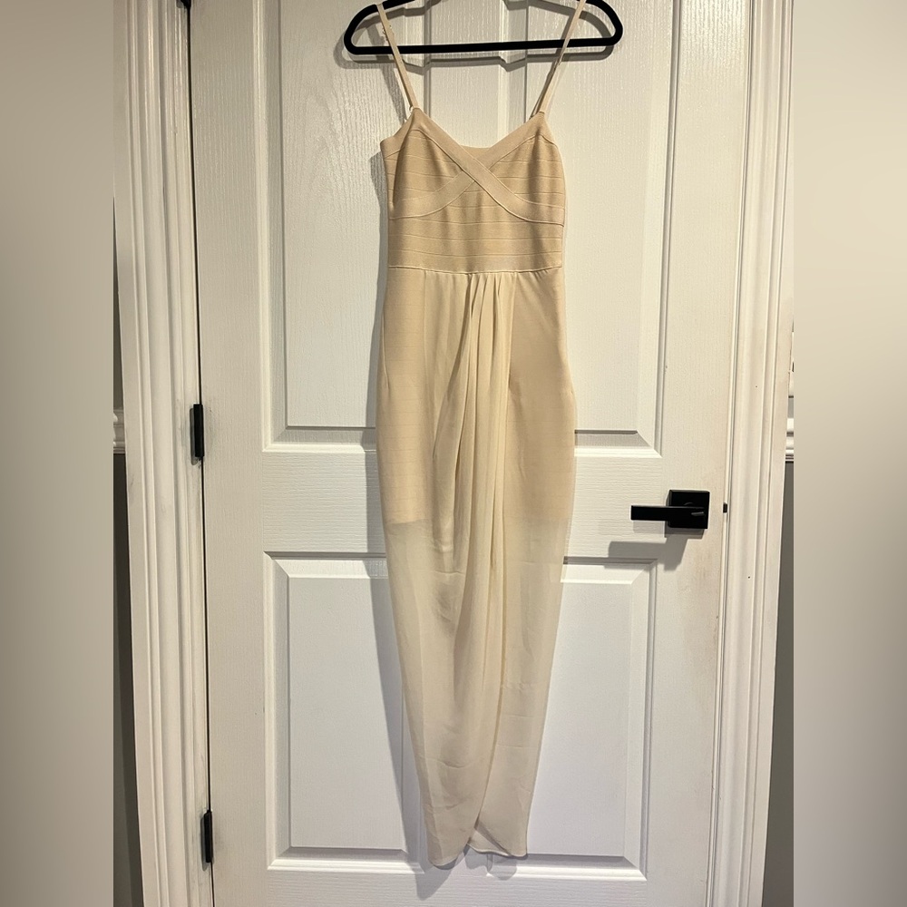 Bebe Cream Ribbed Mini Dress with Sheer Maxi Overlay